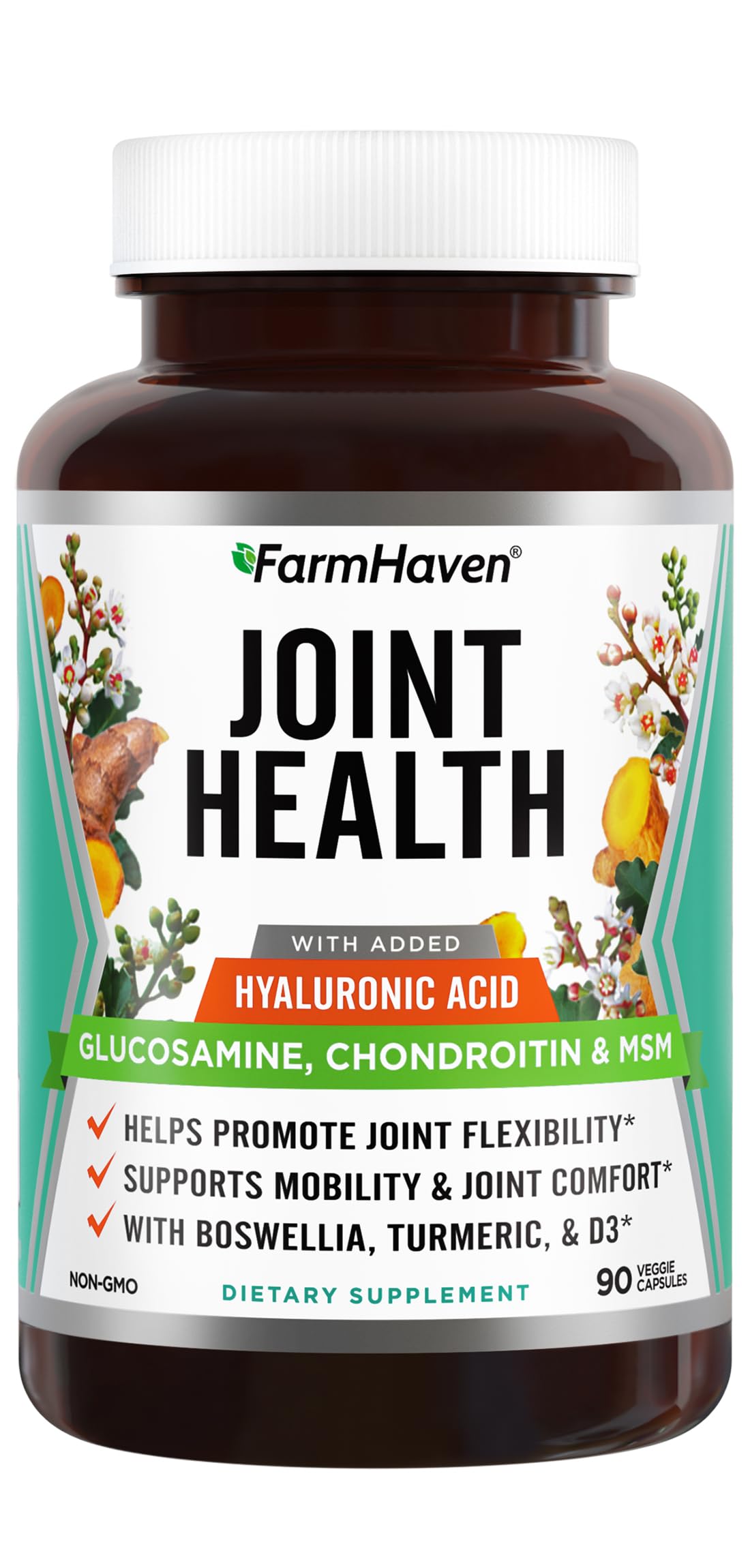 FarmHaven Glucosamine Chondroitin MSM with Boswellia, Turmeric, Added Hyaluronic Acid & Vitamin D3, Joint & Inflammation Support, Non-GMO & Gluten Free, 90 Capsules