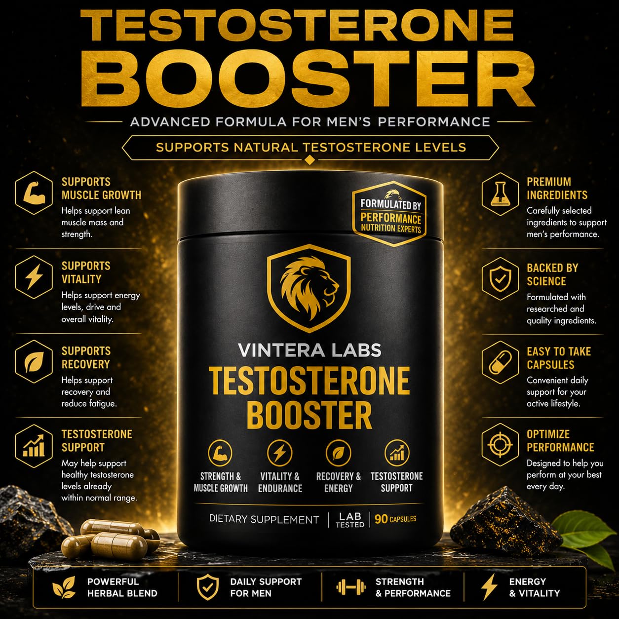 VINTERA LABS Testosterone Booster for Men Maximum Strength Capsules 90 Count