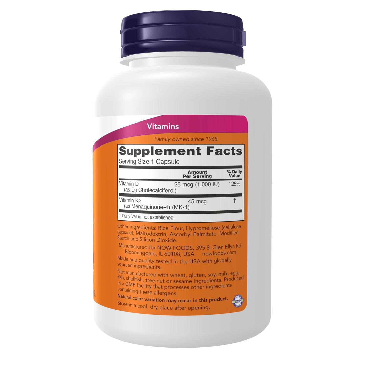 NOW Foods Vitamin D3 & K2 Capsules, 1,000 IU/45 mcg, 240 Count