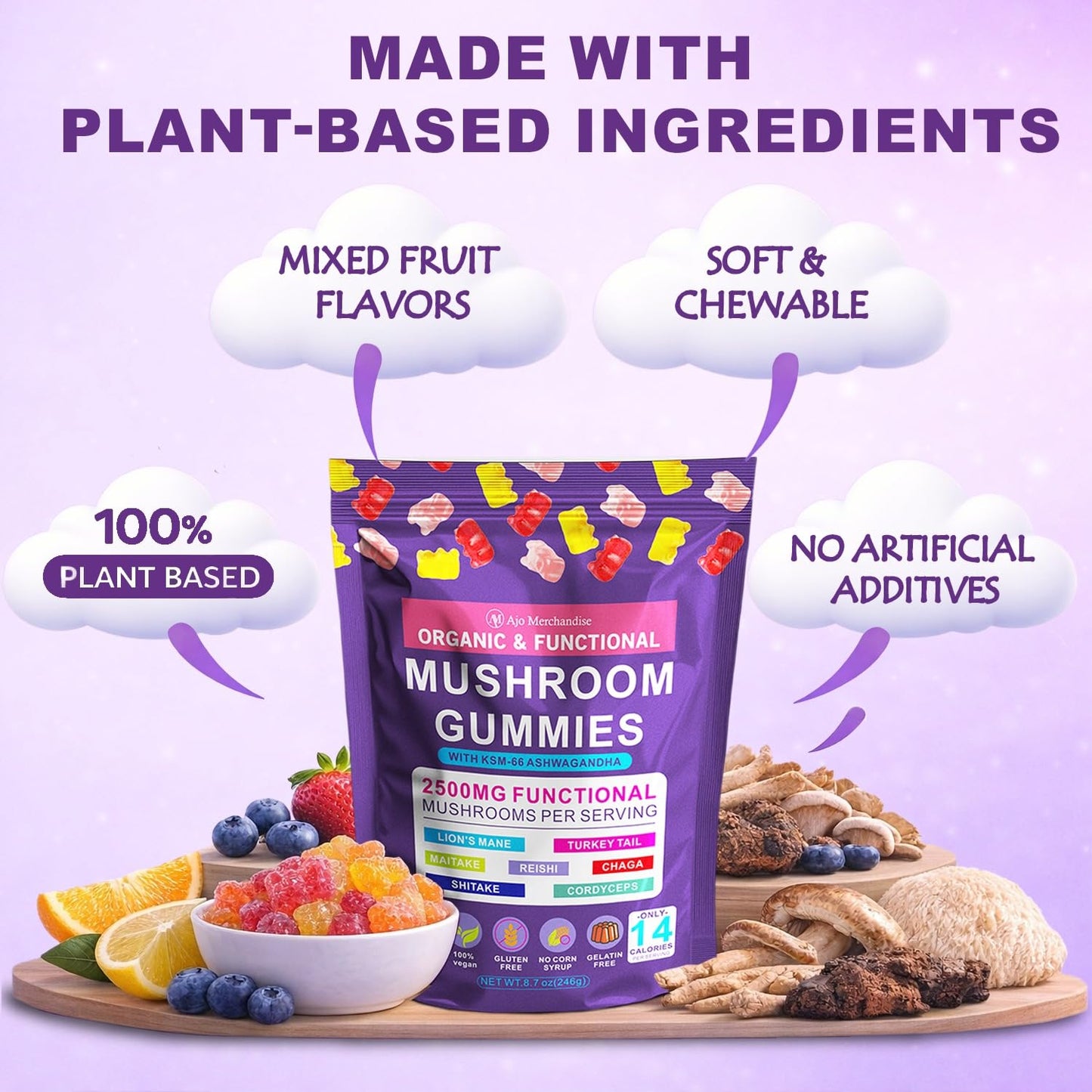 AJO MERCHANDISE Lion's Mane Mushroom Gummies for Focus & Energy with KSM-66 Ashwagandha, 80 Gummies