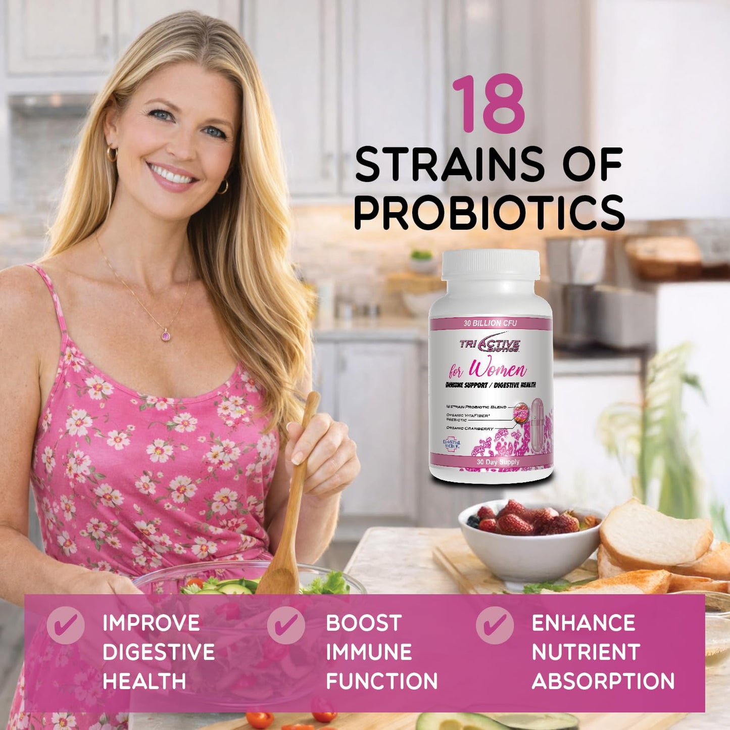 Essential Source Triactive Biotics for Women Probiotics with 18 Strains, Organic VitaFiber Prebiotic & Cranberry for Digestive, Immune, Urinary & Vaginal Health, 90 Capsules