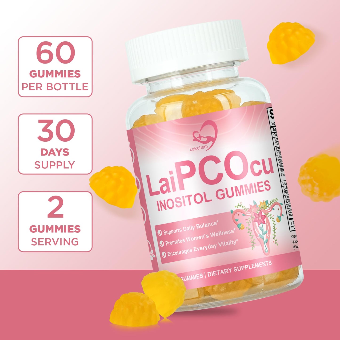Laicuherb Inositol Gummies for Women, Hormonal Balance & Fertility with Folate, Zinc, Vitamin B6 & B12, 60 Count