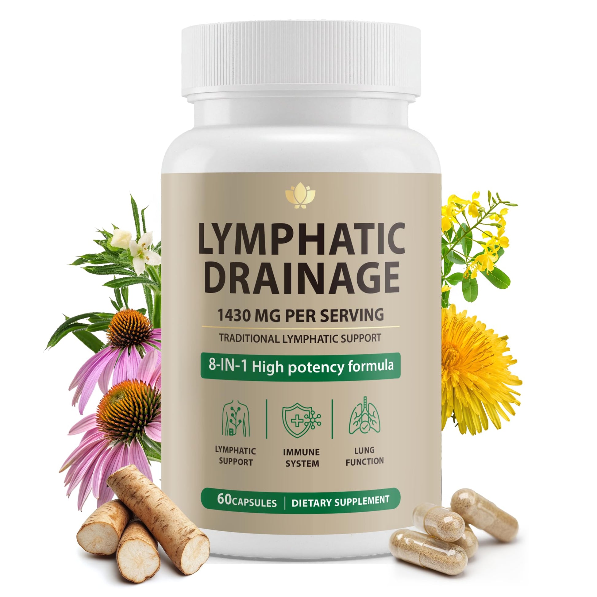 Pikeda Lymphatic Drainage Supplement – Natural Herbal Support for Bloating, Immune Health, Daily Fluid Balance & Lymphatic Wellness, with Echinacea, Dandelion & Burdock Capsules, 60 Count