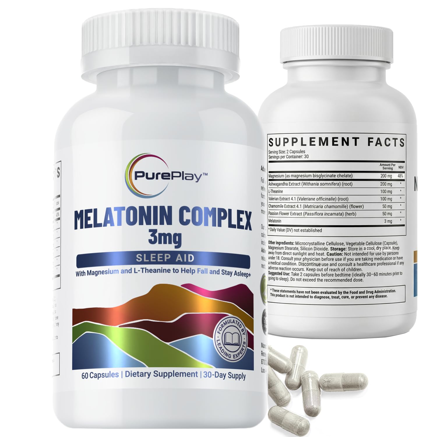 PurePlay Sleep Aids for Adults Melatonin 3mg Complex with Magnesium and Ashwagandha, Non-Habit Forming Sleep Supplement Capsule, 60 Count