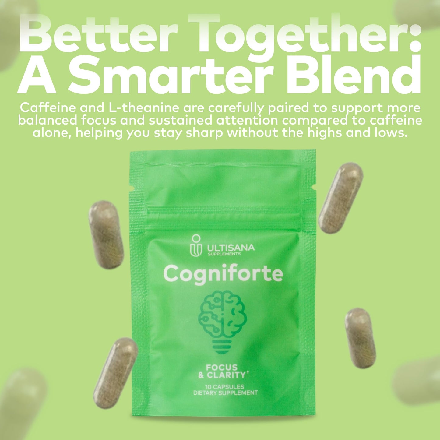 Ultisana Cogniforte Nootropic Brain Supplement with Bacopa Monnieri, L-Theanine, Ginkgo Biloba, Taurine & Caffeine Capsules, 10 Count