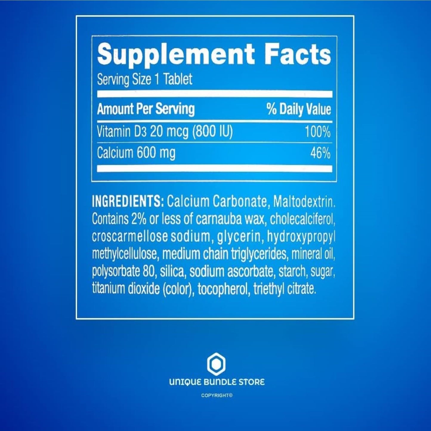 Unique Bundle Store Calcium 600mg Plus Vitamin D3 Tablets, 500 Tablets