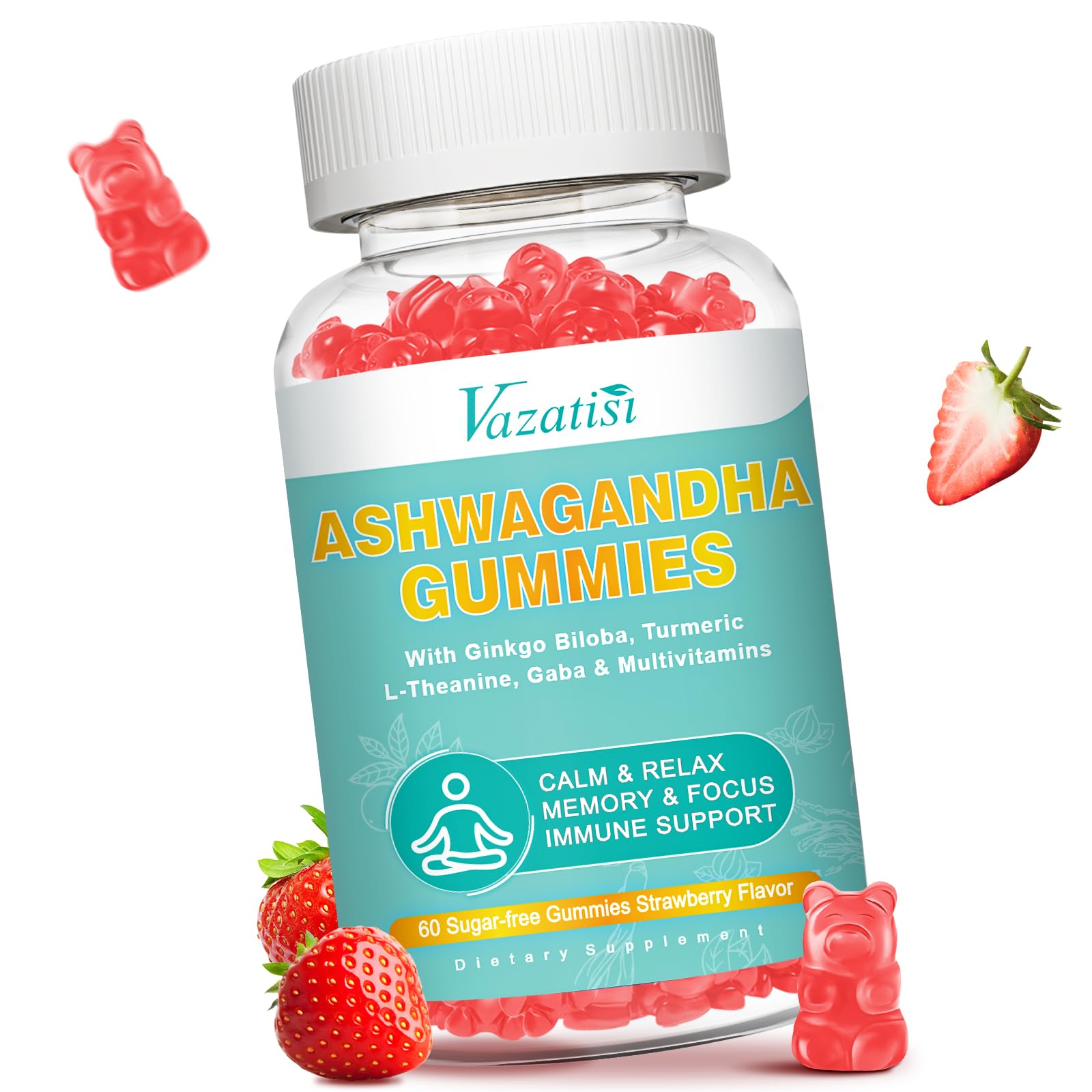 Vazatisi Ashwagandha Gummies with Turmeric GABA Mood Energy and Immune Support, 60 Gummies