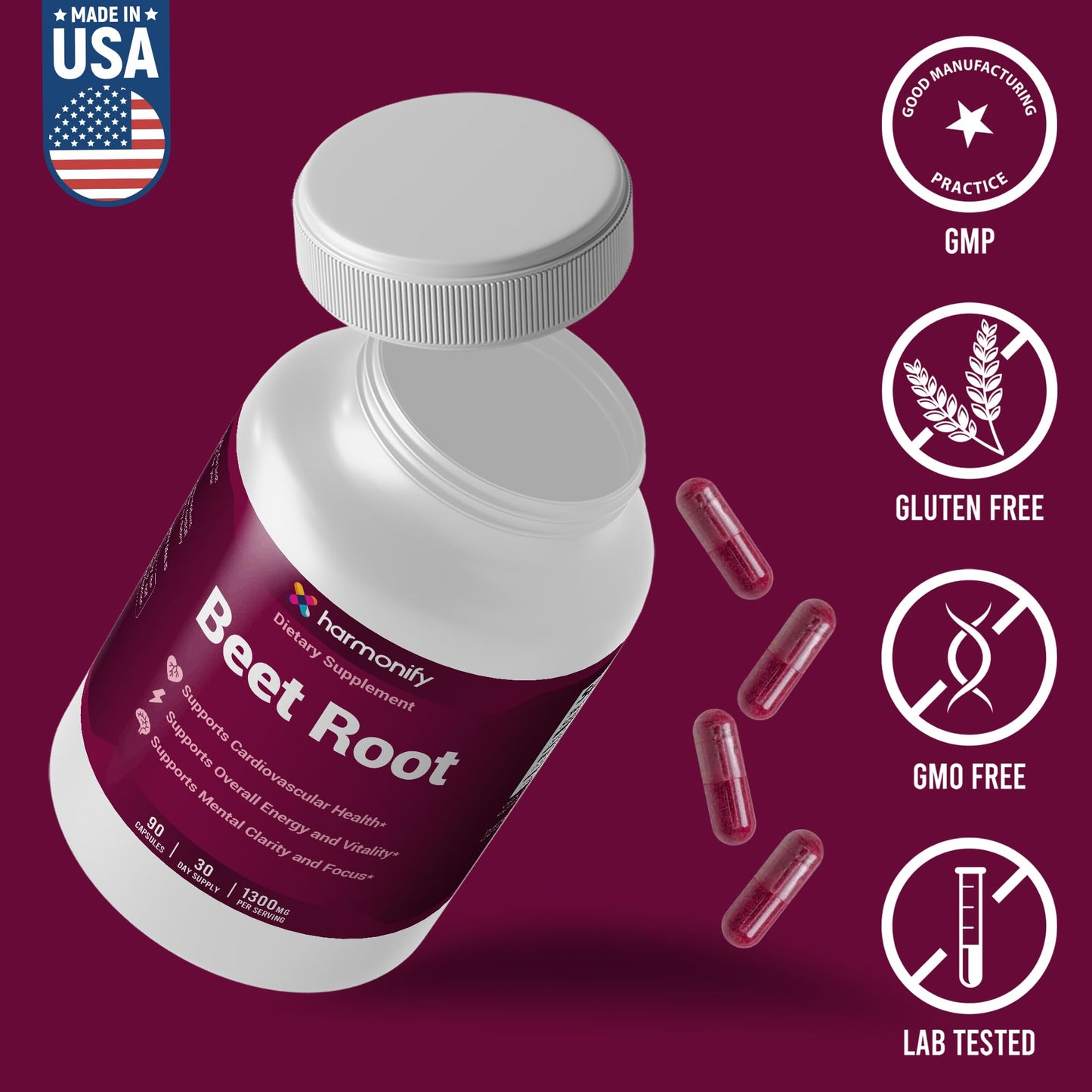 HARMONIFY Beet Root Capsules, Pure Beetroot Powder 1300 mg, Circulation Support Supplement, Vegan, Non-GMO, Gluten-Free, 90 Capsules