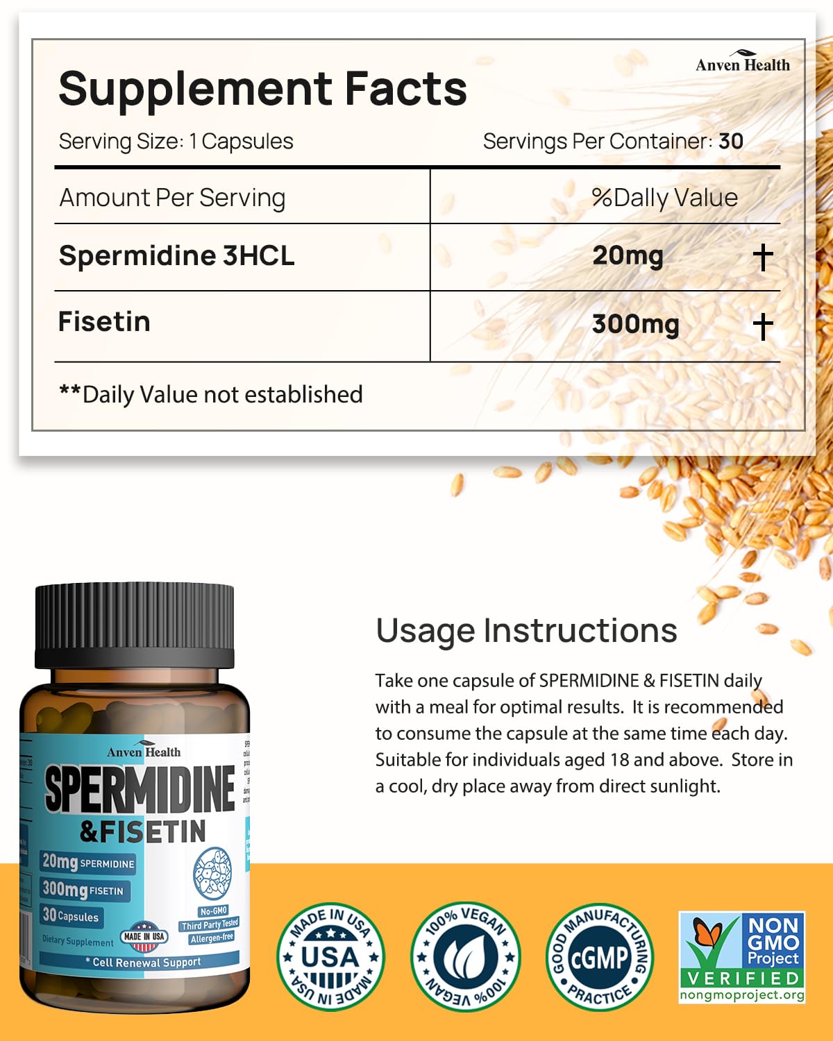Anven Health Apigenin 200mg with L-Theanine 400mg + Spermidine 20mg & Fisetin 300mg Capsules, 61 Capsules