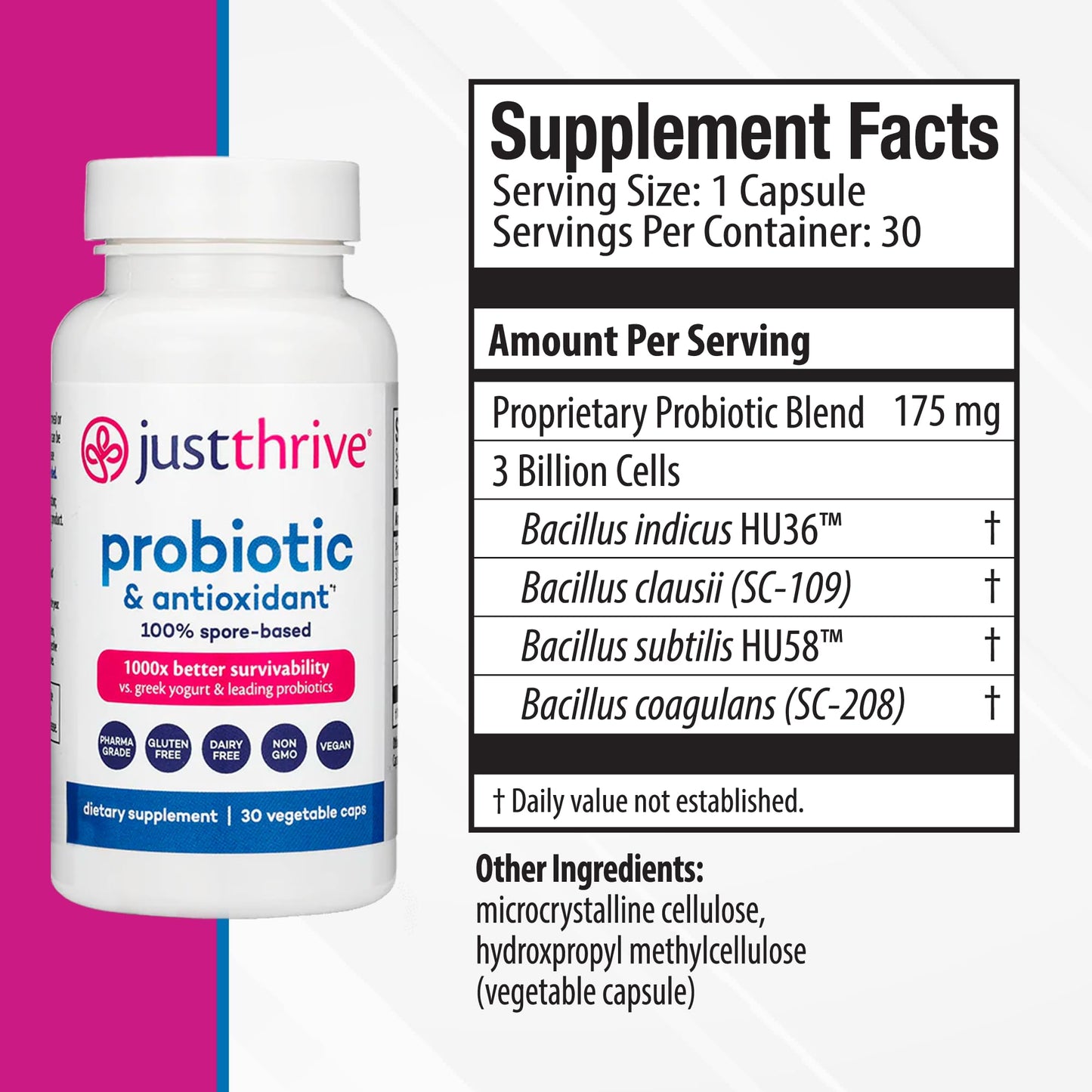 Just Thrive Probiotic & Antioxidant Supplement - 100% Spore-Based Digestive and Immune Support - Gluten Free Capsule, 30 Count