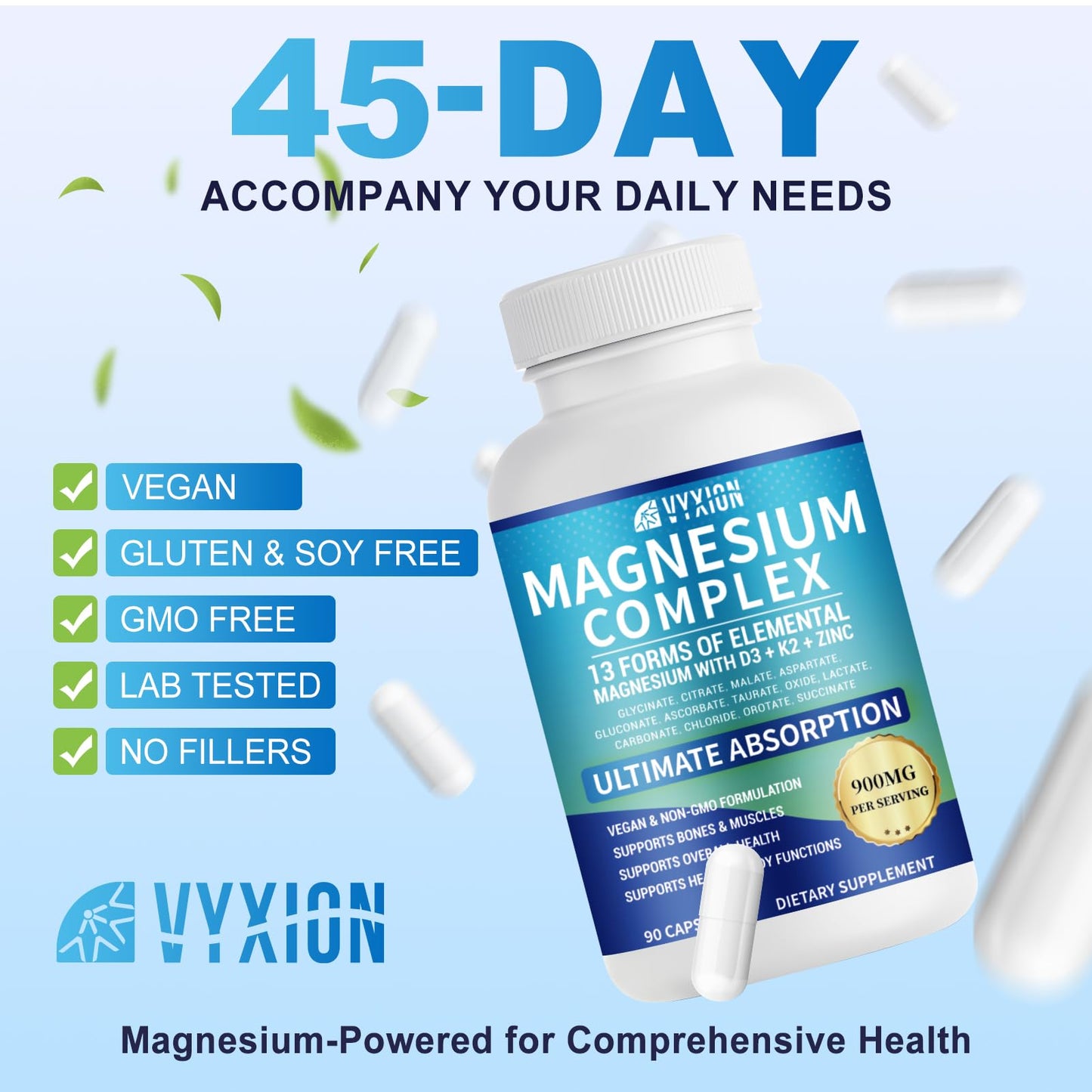 Vyxion Magnesium Glycinate Complex 900mg Elemental Magnesium with Vitamin D3, K2, Zinc & B Vitamins, 90 Capsules