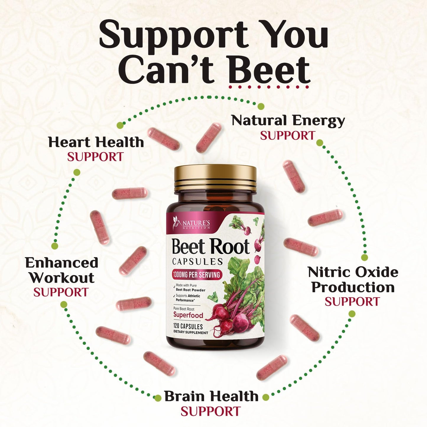 Nature's Nutrition Organic Beet Root 1300mg per Serving Extra Strength Beetroot Powder Supplement 120 Capsules