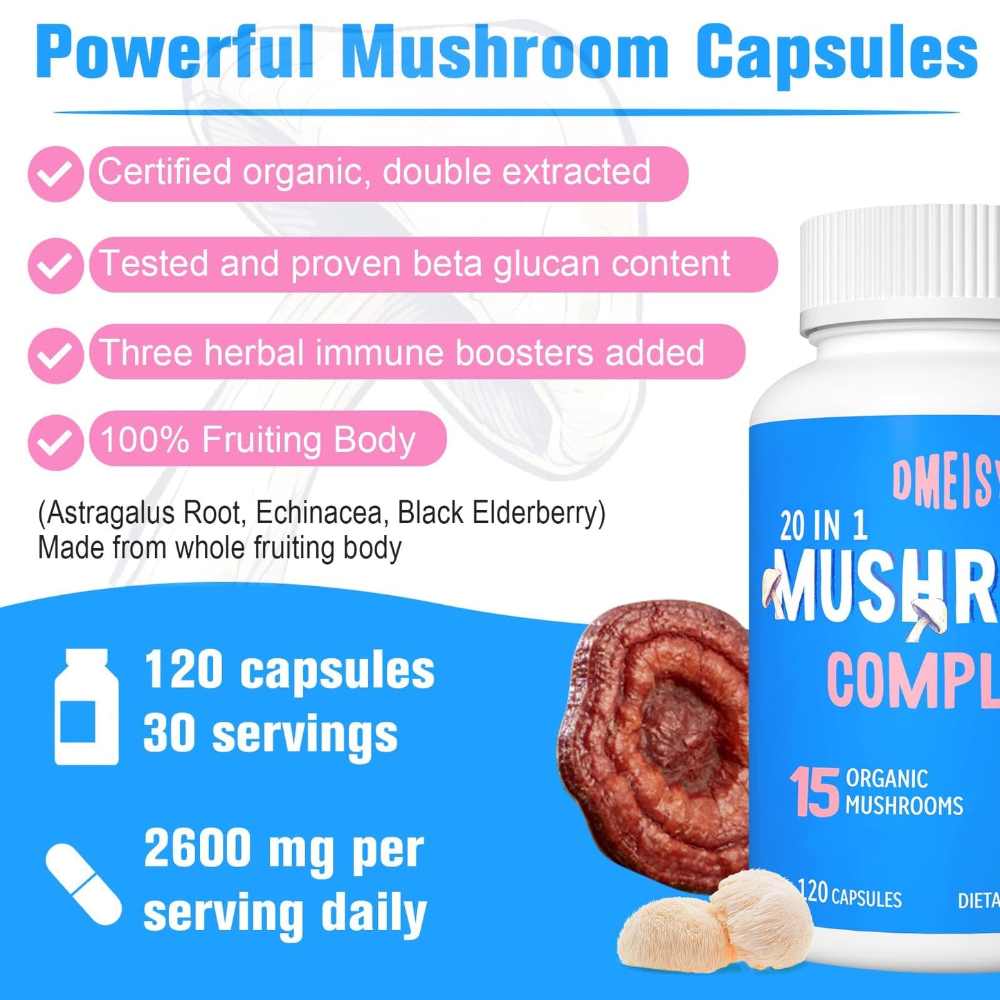 Dmeisy Mushroom Supplement 20-in-1 Mushroom Complex 120 Capsules