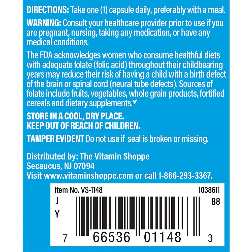 The Vitamin Shoppe Folic Acid 800MCG Capsule, 100 Count