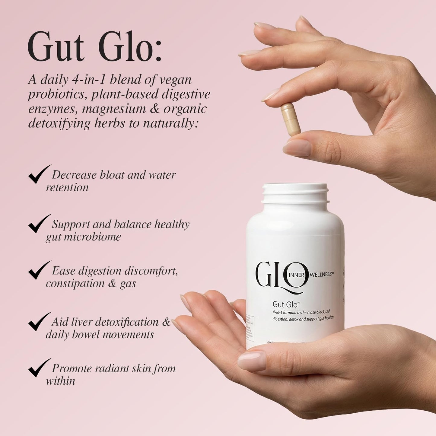 GLO Inner Wellness Gut Health Supplements, Natural Bloating Relief, Digestion & Constipation Aid, 4-in-1 Probiotics, Digestive Enzymes, Magnesium & Organic Herbs Capsules, 120 Capsules