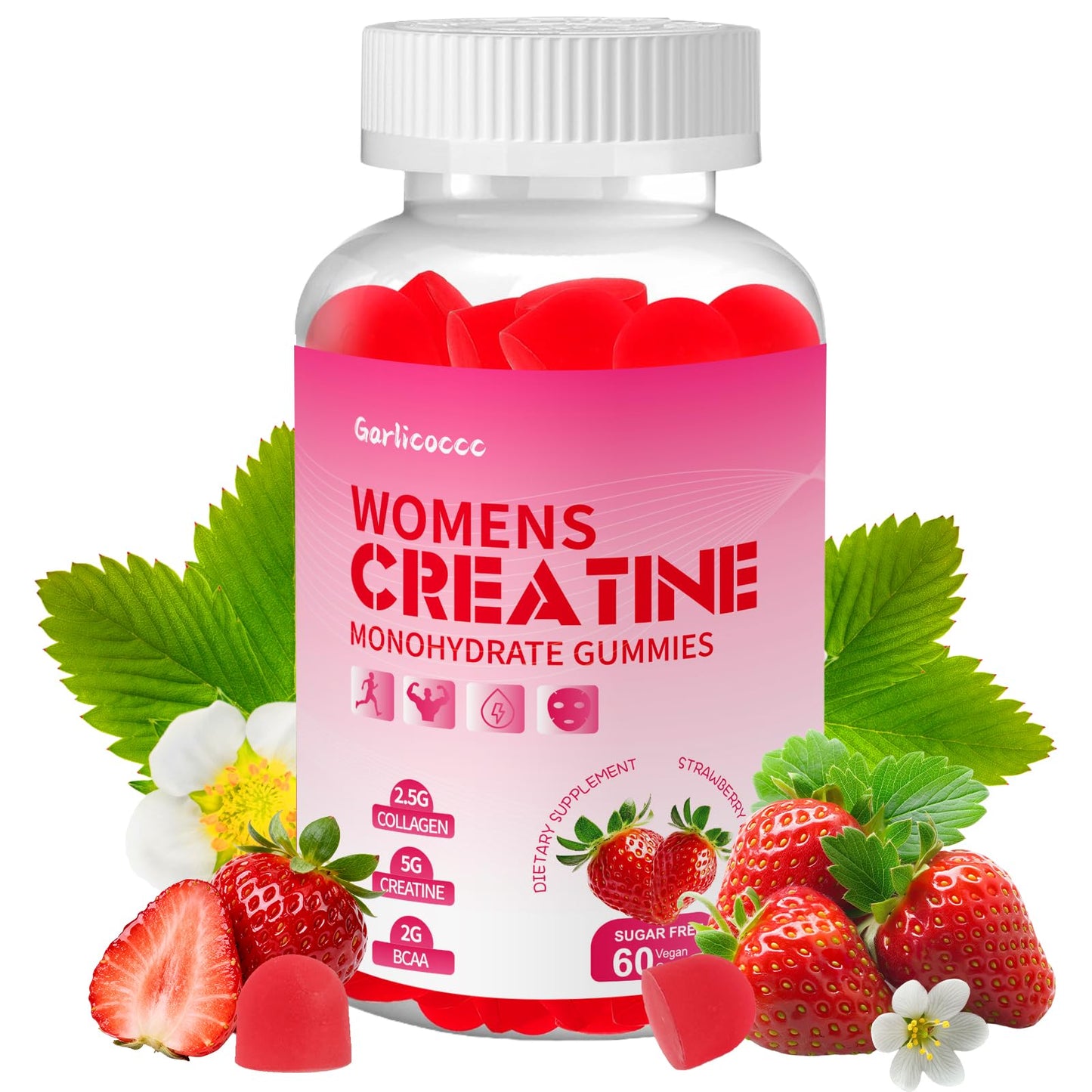 Garlicoccc Sugar Free Creatine for Women, Creatine Monohydrate Gummies with Collagen, Energy Creatine Supplement for Muscle Strength, Strawberry Flavor, 60 Gummies
