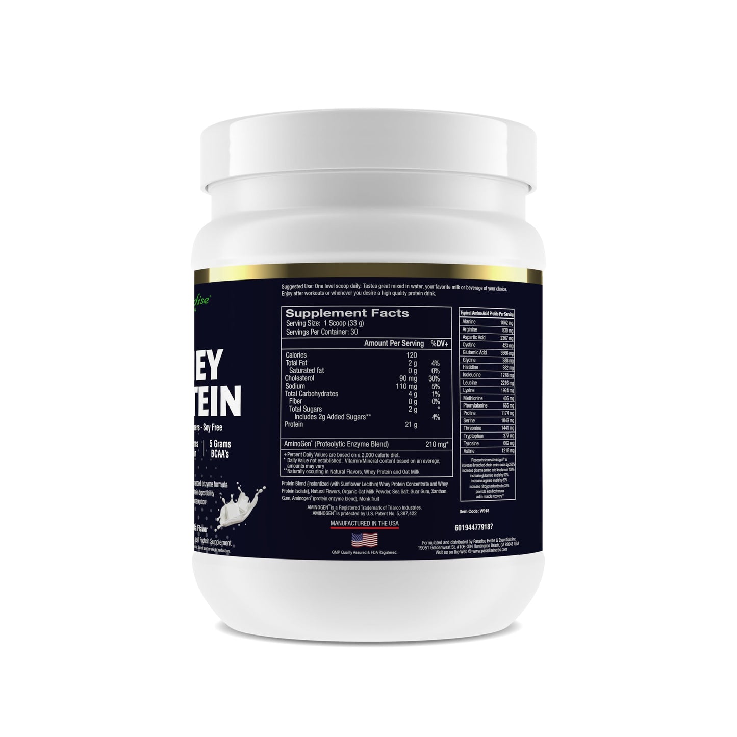 Paradise Herbs 100% Whey Protein Powder Vanilla, 32 Servings