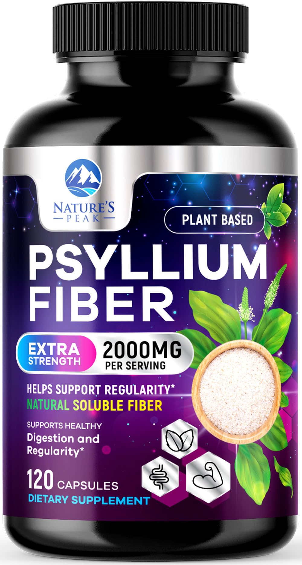Nature's Peak Psyllium Husk Capsules 2000mg Per Serving, Supports Digestion, 120 Capsules