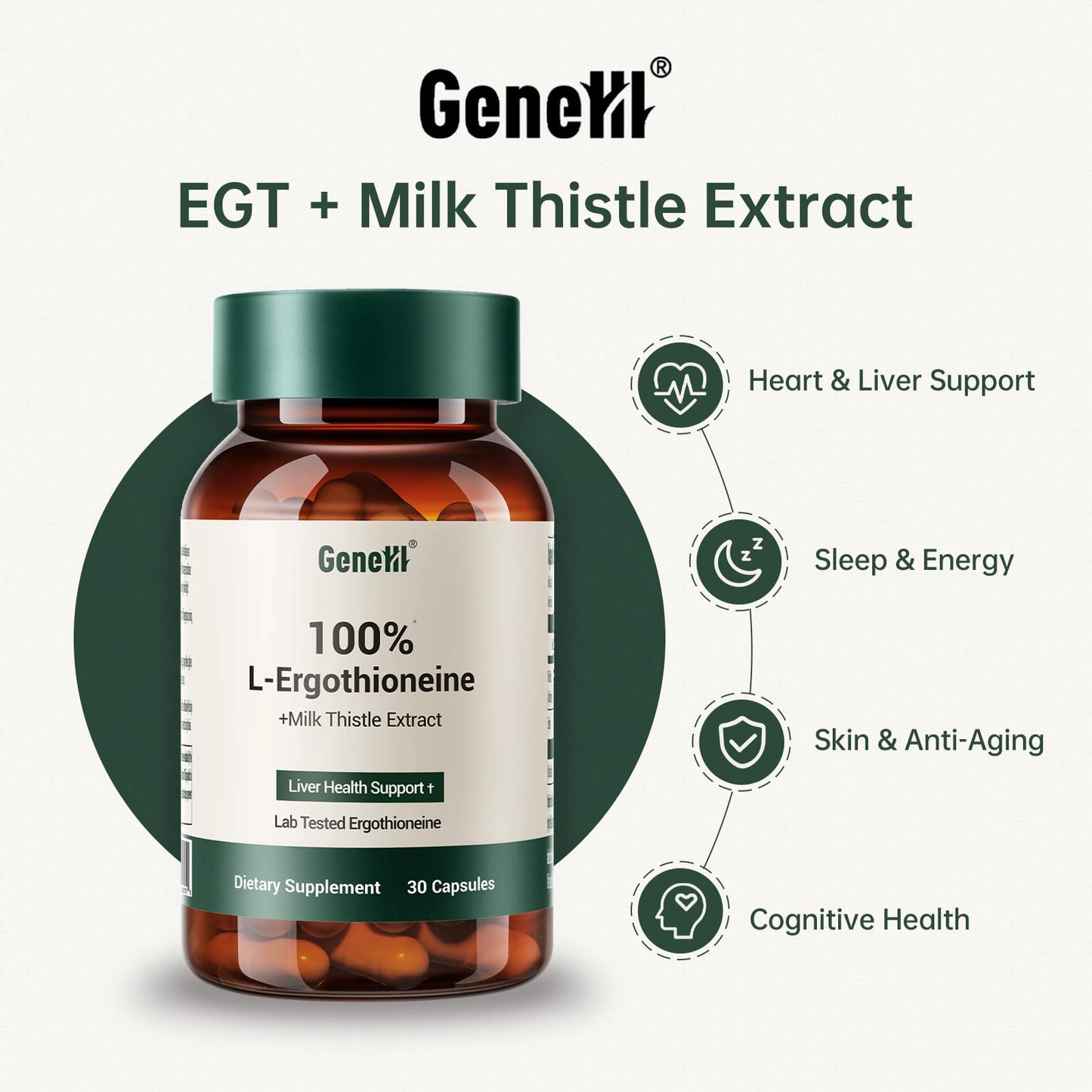 GENEIII L-Ergothioneine + Milk Thistle Supplement Capsules, 30 Count