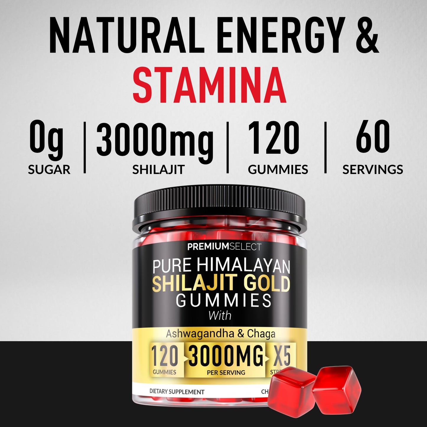 Premium Select Nutrition Shilajit Gummies for Men 3000mg, 120 Gummies