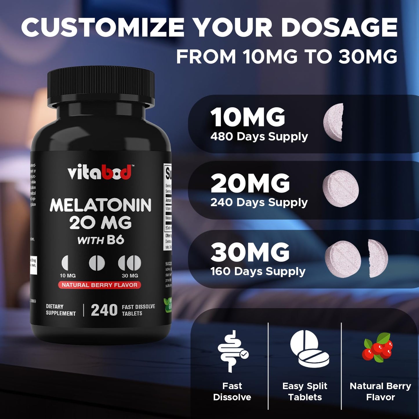 Vitabod Melatonin 20 mg with Vitamin B6 720 Tablets