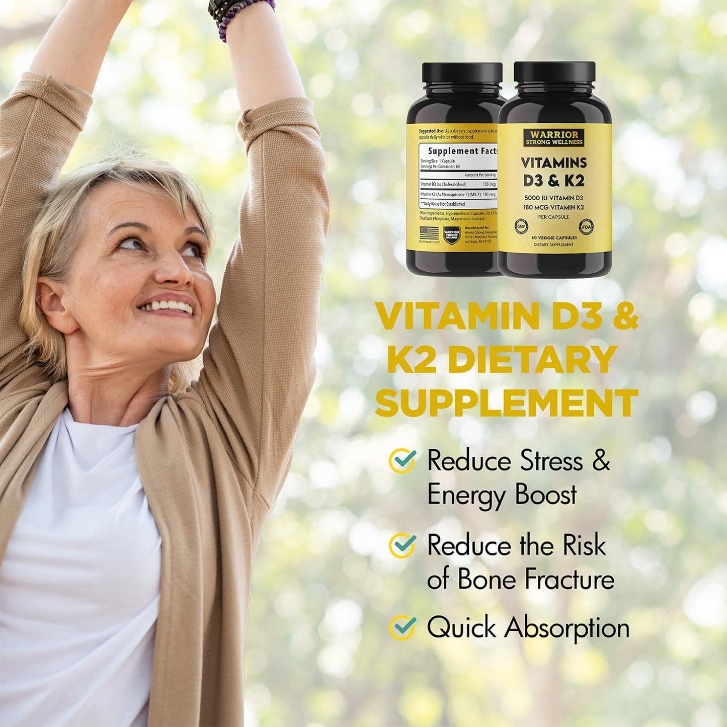 Warrior Strong Wellness Vitamin D3 and K2 Supplement Capsule, 60 Veggie Capsules