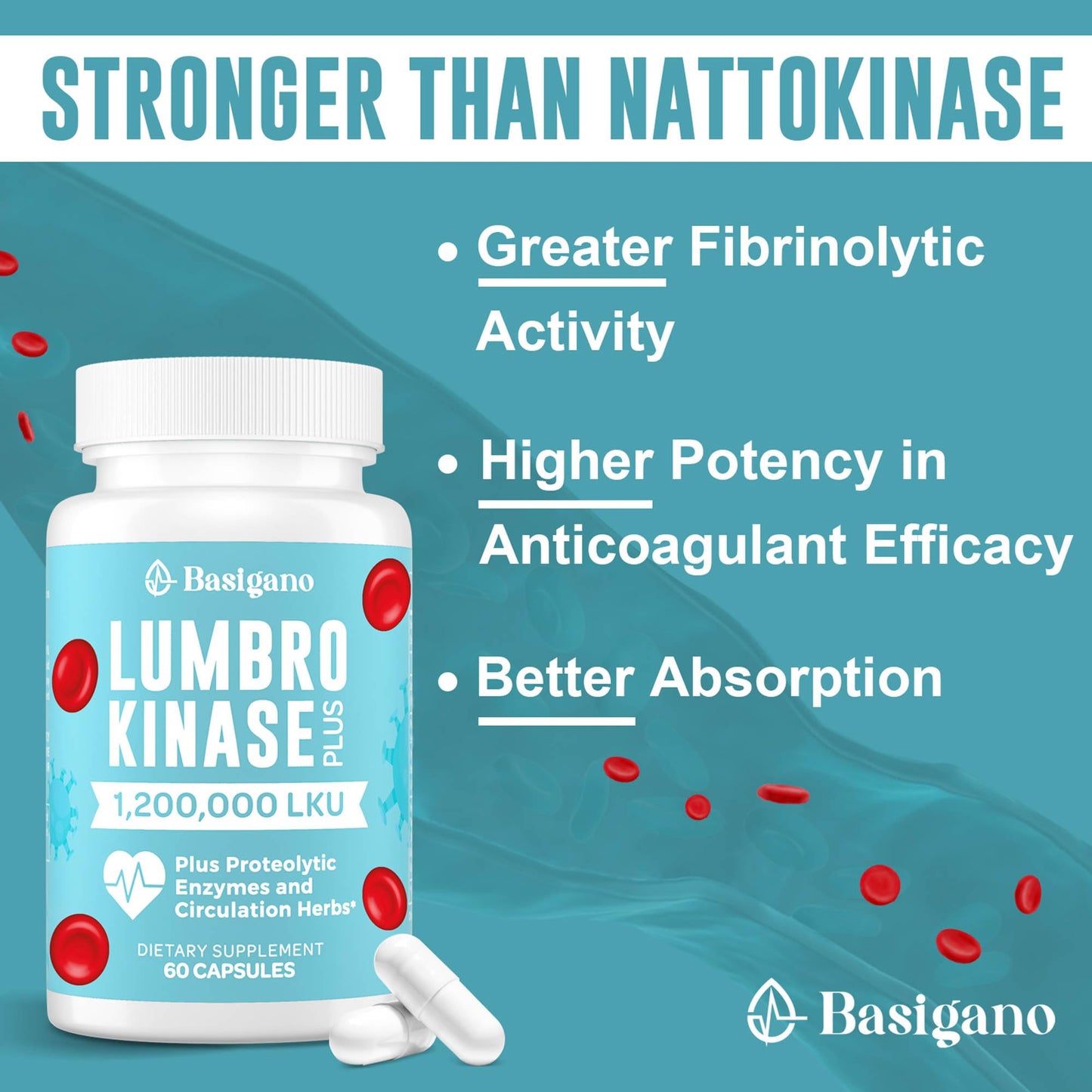 Basigano Lumbrokinase Supplement 1.2 Million LKU - 120mg Capsule, 60 Count