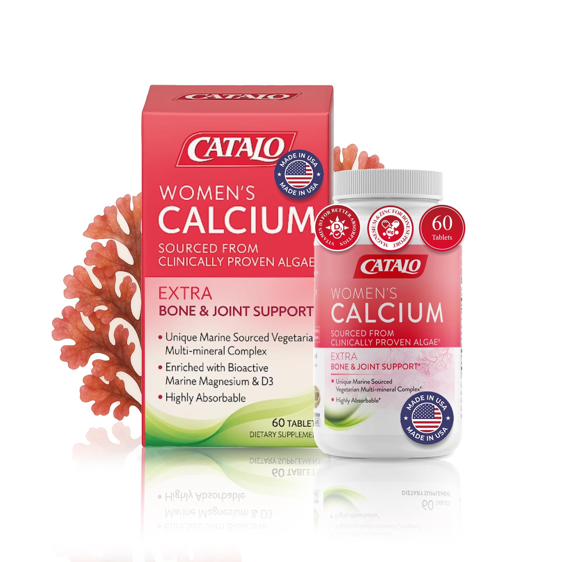 CATALO Women's Calcium with Aquamin Red Algae - Plant-Based Marine Calcium Supplement with Vitamin D3, Magnesium & Zinc - High Absorption Formula, 60 Tablets