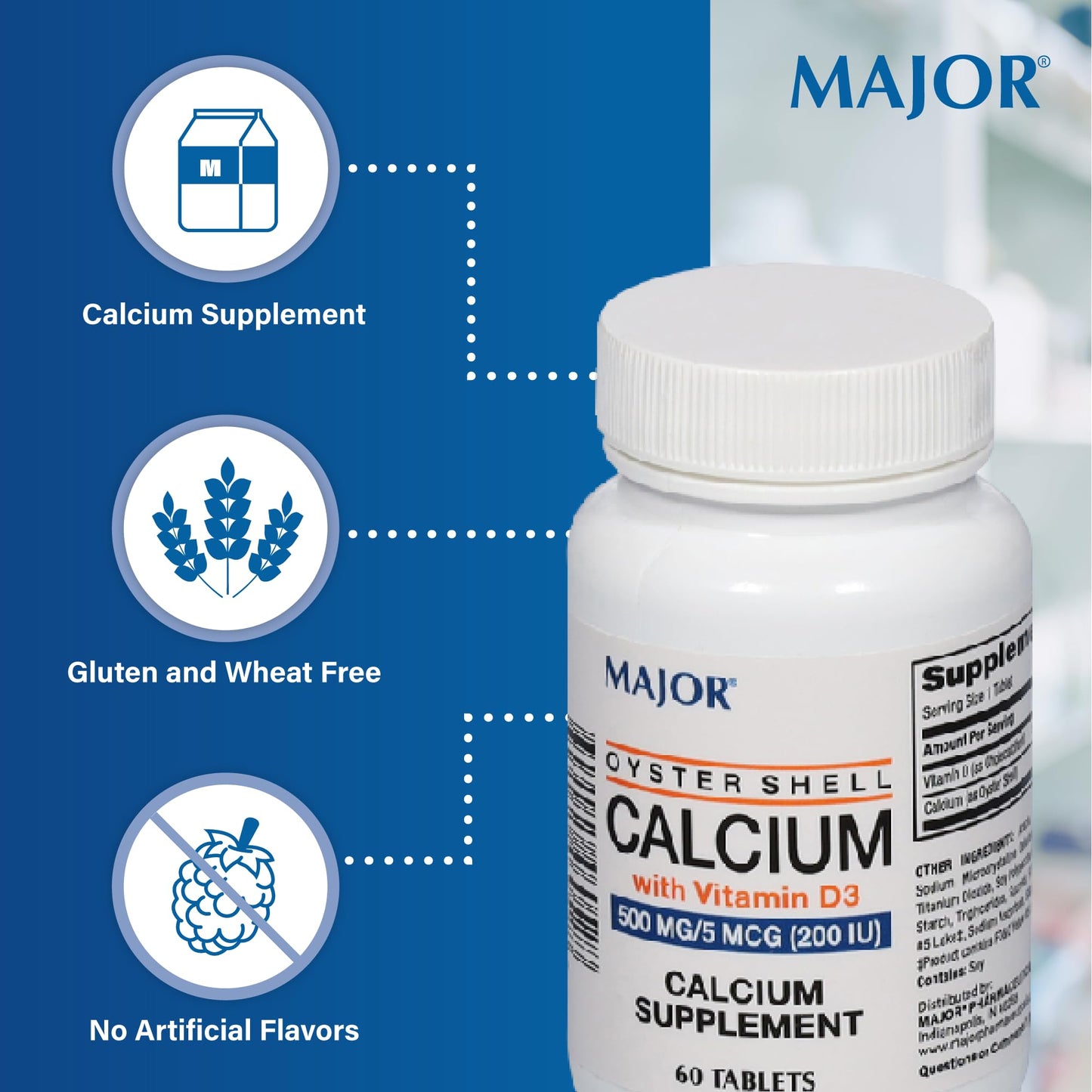 MAJOR Oyster Shell Calcium with Vitamin D3 500 mg / 5 mcg (200 IU) Calcium Supplement Tablet, 60 Tablets