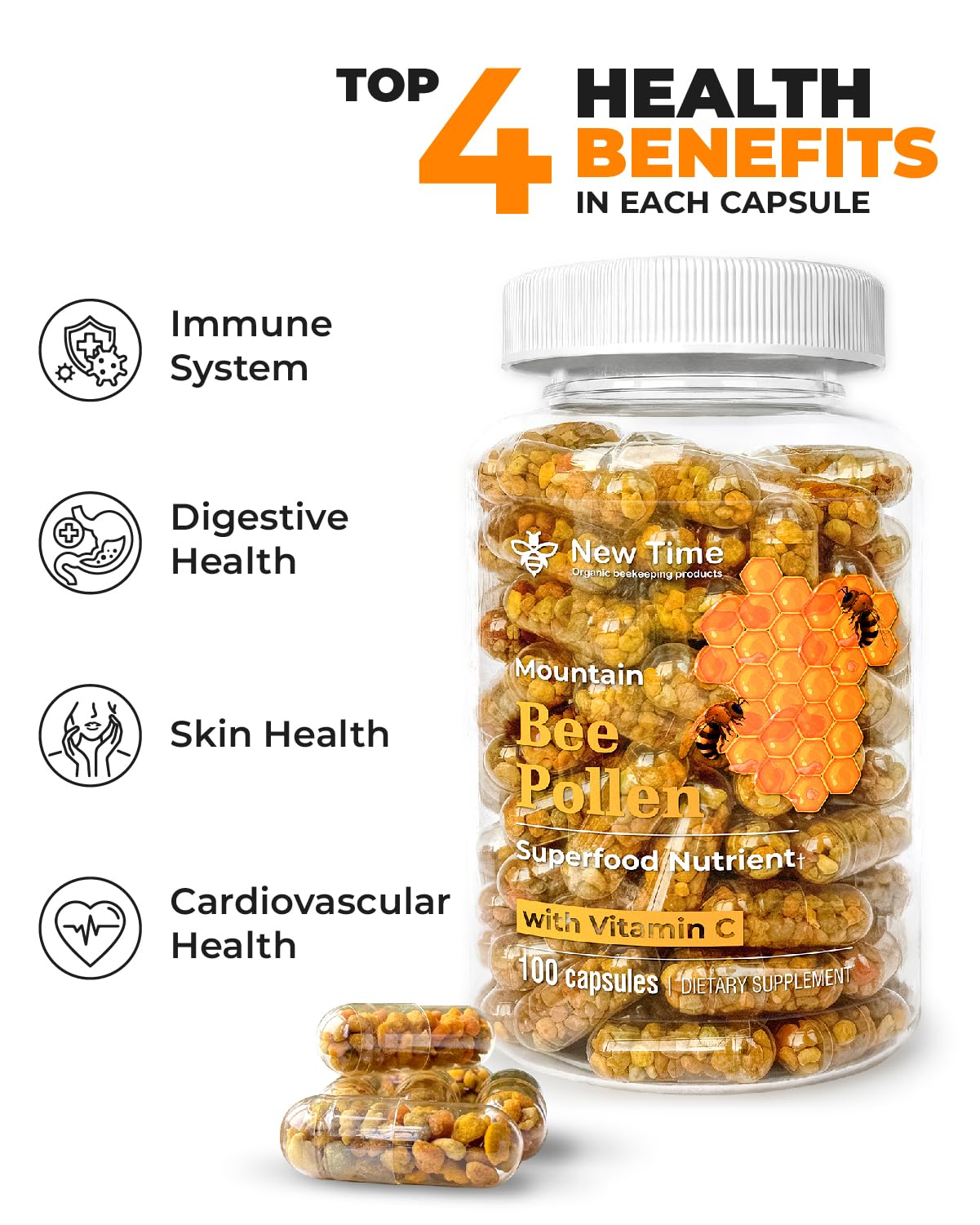 New Time Organic beekeeping products Bee Pollen Capsules 100 Capsules