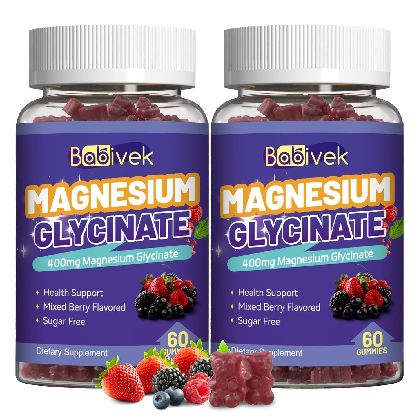 Babivek Magnesium Glycinate Gummies 400mg with L-Threonine 300mg, Vitamin D & B6, Sugar Free, Mixed Berry Flavor, Vegan, Non-GMO, Gluten Free, 120 Gummies
