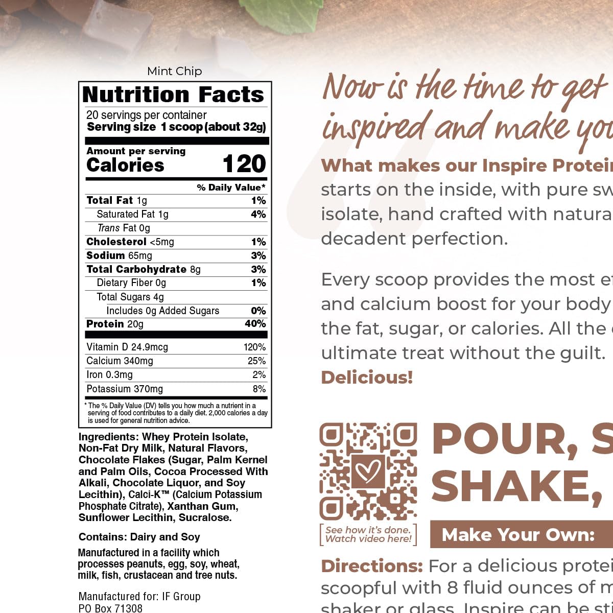 Bariatric Eating Inspire Mint Chip 20g Whey Protein Isolate Powder with Calcium, 20 Servings