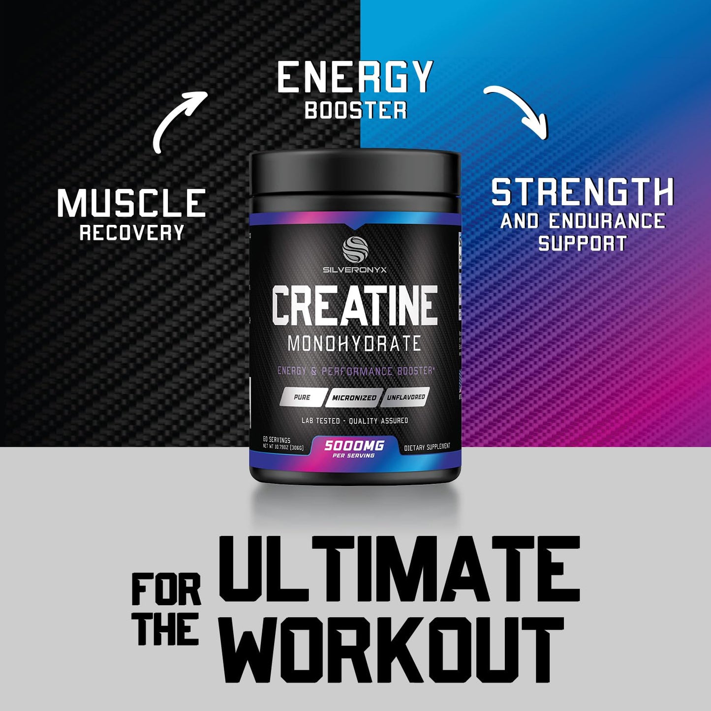 SILVERONYX Creatine Monohydrate Powder 5000mg Per Serving, 60 Servings