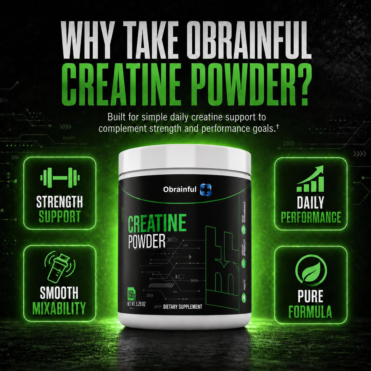 Obrainful Unflavored Creatine Monohydrate Powder 5.3 oz