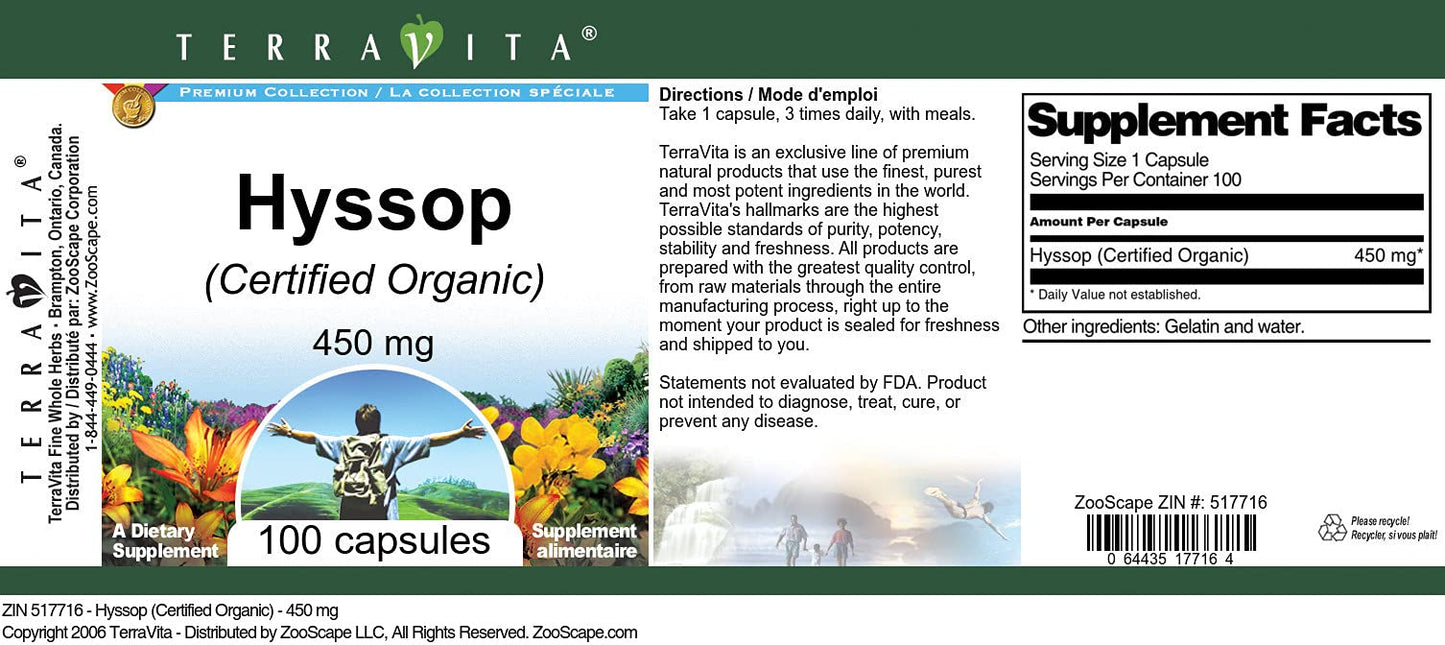Terravita Hyssop (Certified Organic) 450 mg Capsule, 100 Count