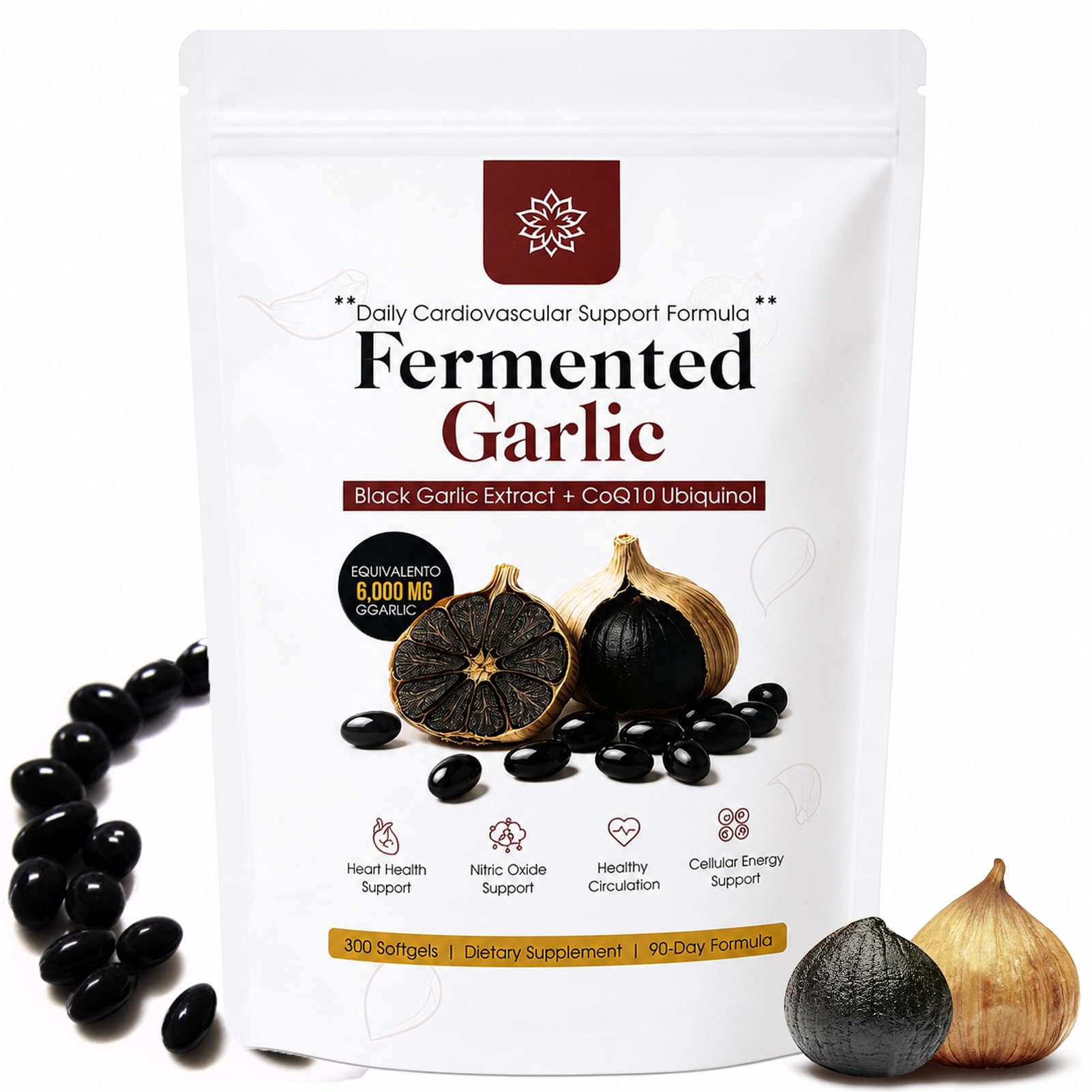 BnPnCn Fermented Black Garlic Extract + CoQ10 Ubiquinol - 6000mg Odorless Softgels, 300 Softgels