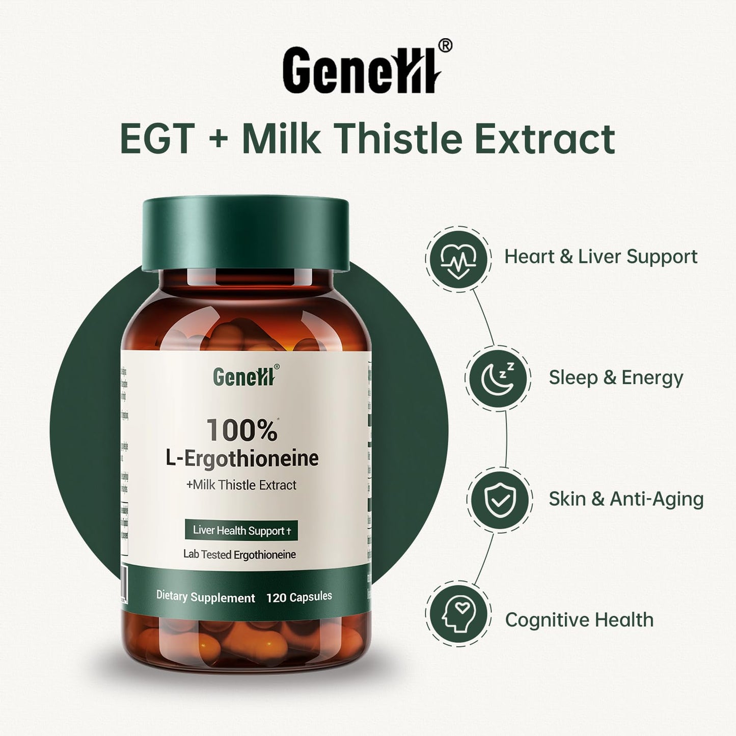 GENEIII L-Ergothioneine + Milk Thistle Supplement Capsule 120 Count