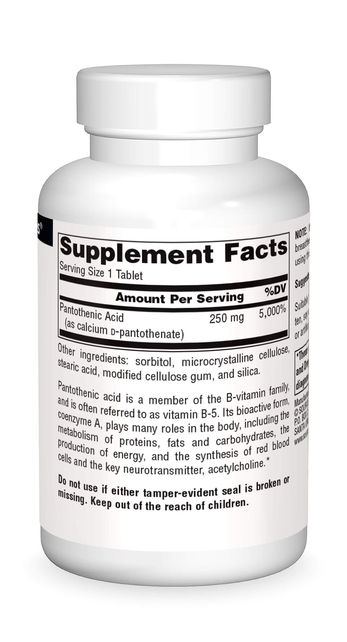 Source Naturals Pantothenic Acid 250 mg Vitamin B-5 Dietary Supplement Tablets, 100 Count