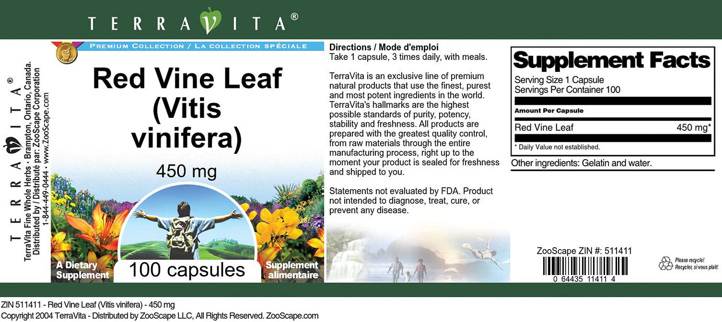 Terravita Red Vine Leaf (Vitis vinifera) 450 mg, 300 Capsules