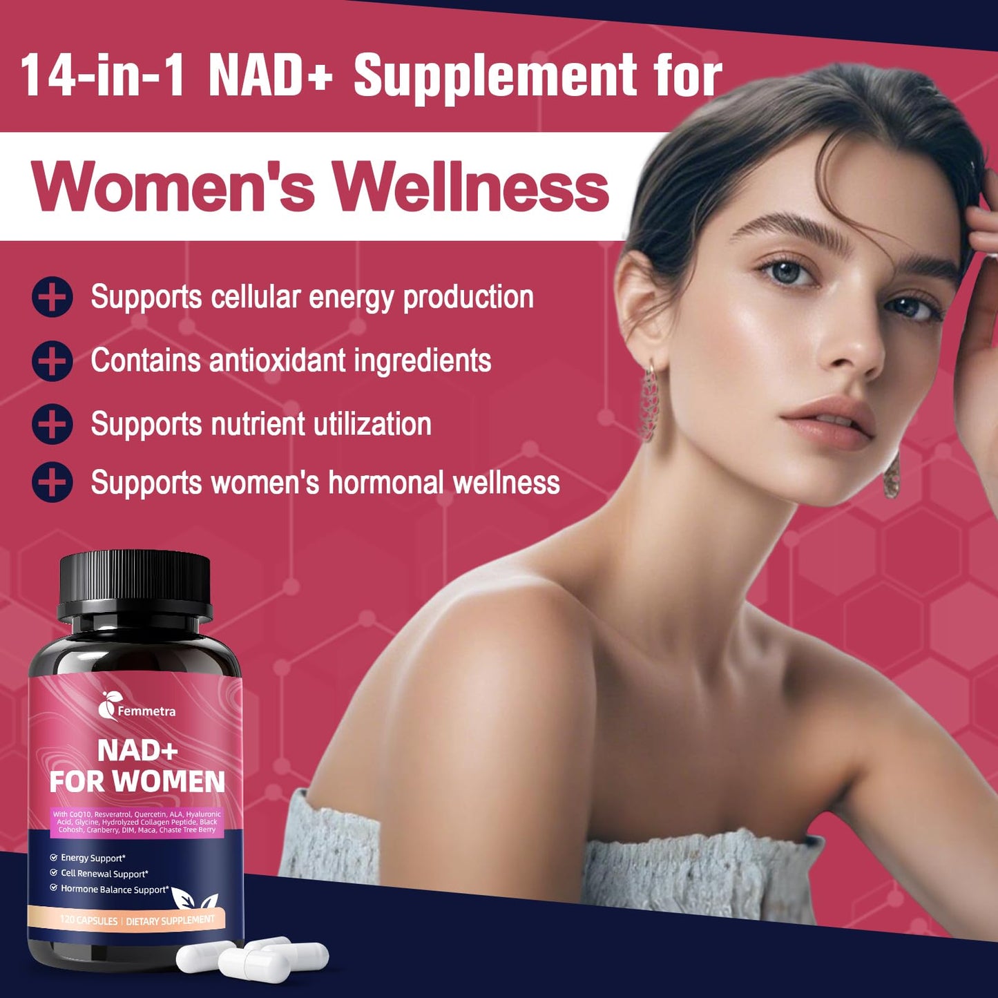Femmetra NAD+ Supplements for Women, 120 Capsules