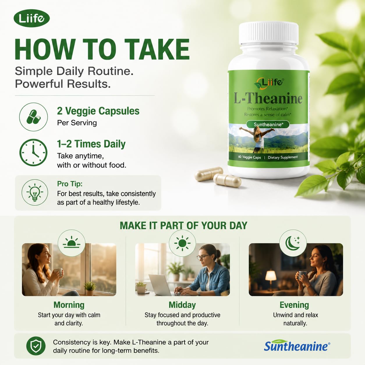 LIIFE L-Theanine (Suntheanine®) with GABA, Magnesium & Black Pepper – 60 Veggie Capsules