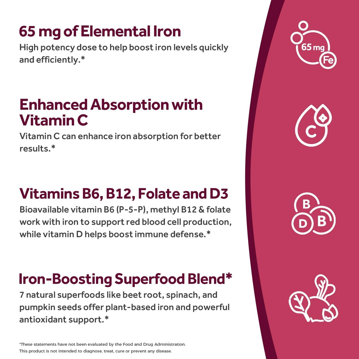 Doctor's Recipes Iron Supplement for Women & Men, Iron 65 mg with Vitamin C, D3, B6, B12, Folate, Beet Root, Pumpkin Seeds for Energy & Red Blood Cell Support Tablet, 90