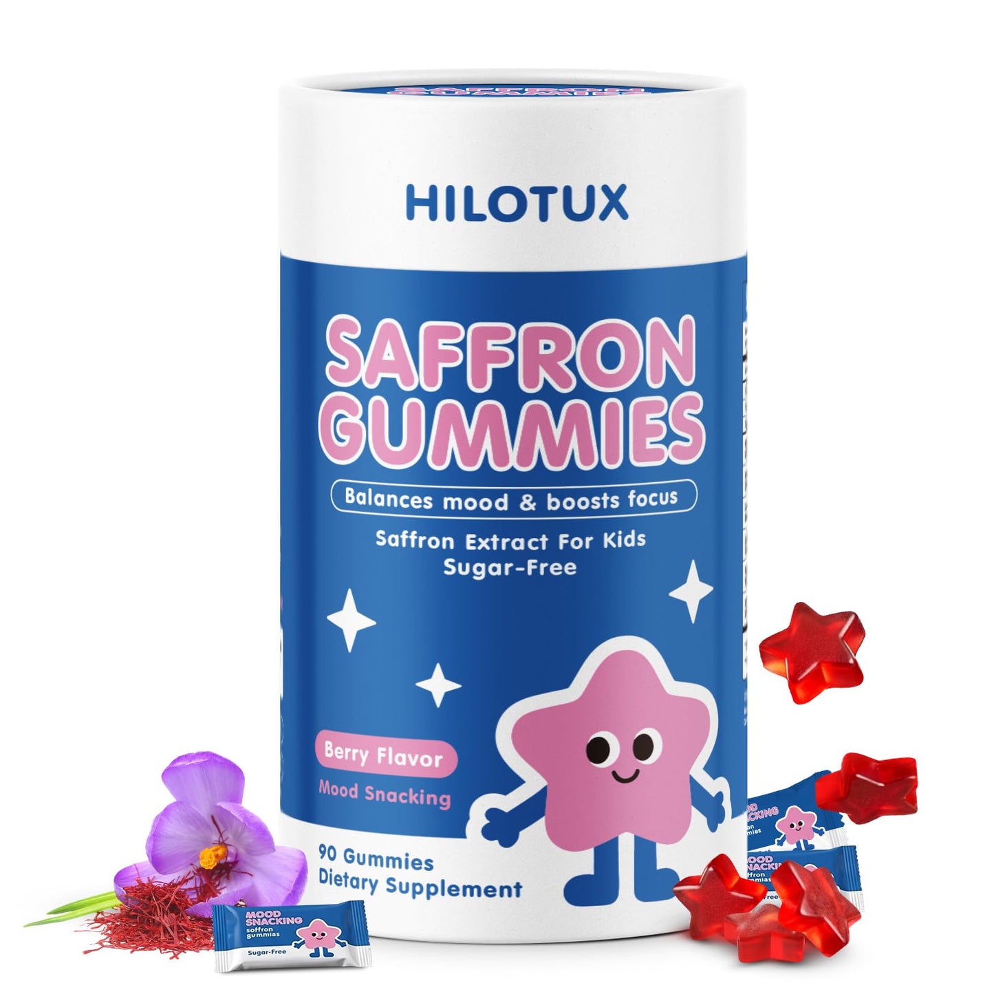 HILOTUX Saffron Gummies for Kids, with Bacopa & Gotu Kola for Brain Health, Focus & Calm Mood Support, Sugar-Free Berry, 90 Gummies