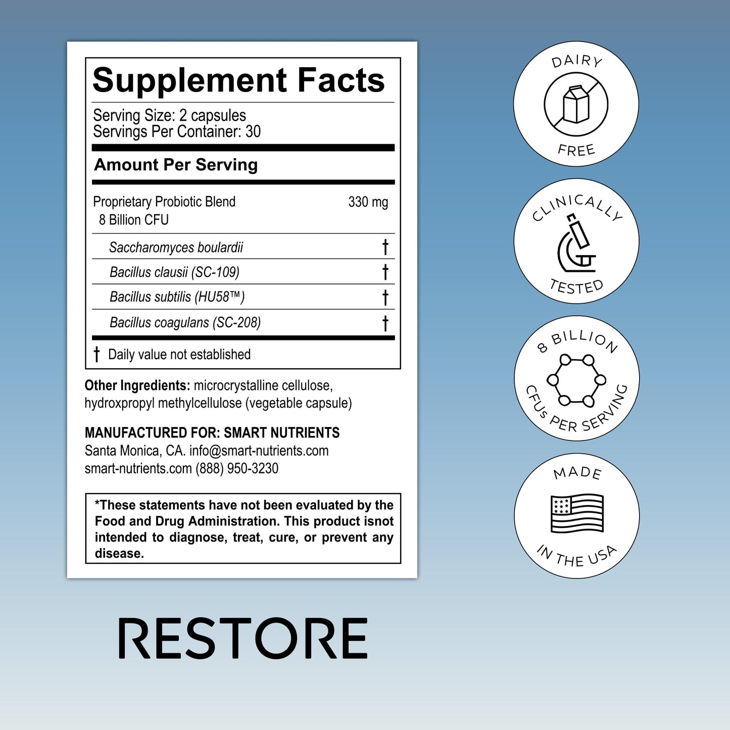 Smart Nutrients RESTORE Digestive Probiotics & Antioxidant Daily Supplement Capsules 60 Capsules