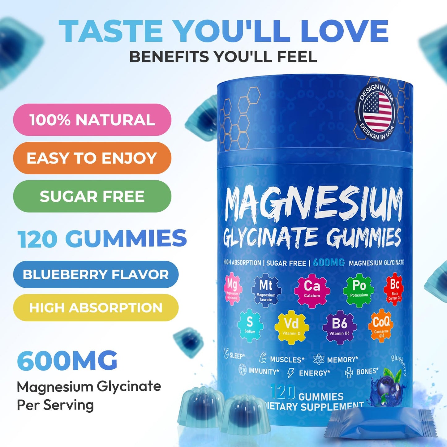 Xytora Magnesium Glycinate Gummies 600mg, Relax Support Magnesium, Blueberry, 120 Gummies