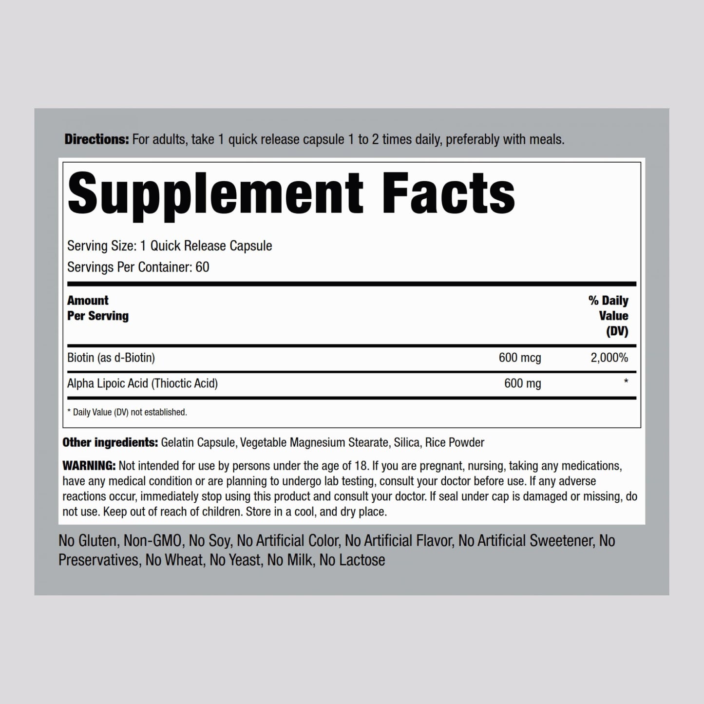 Piping Rock Alpha Lipoic Acid 600mg ALA with Biotin Optimizer Capsule, 60 Count