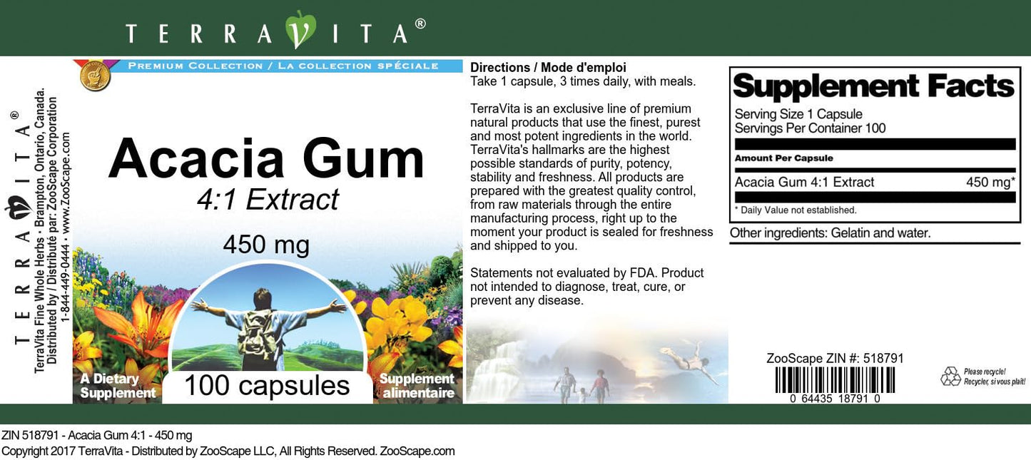 Terravita Acacia Gum 4:1-450 mg Capsules, 100 Capsules