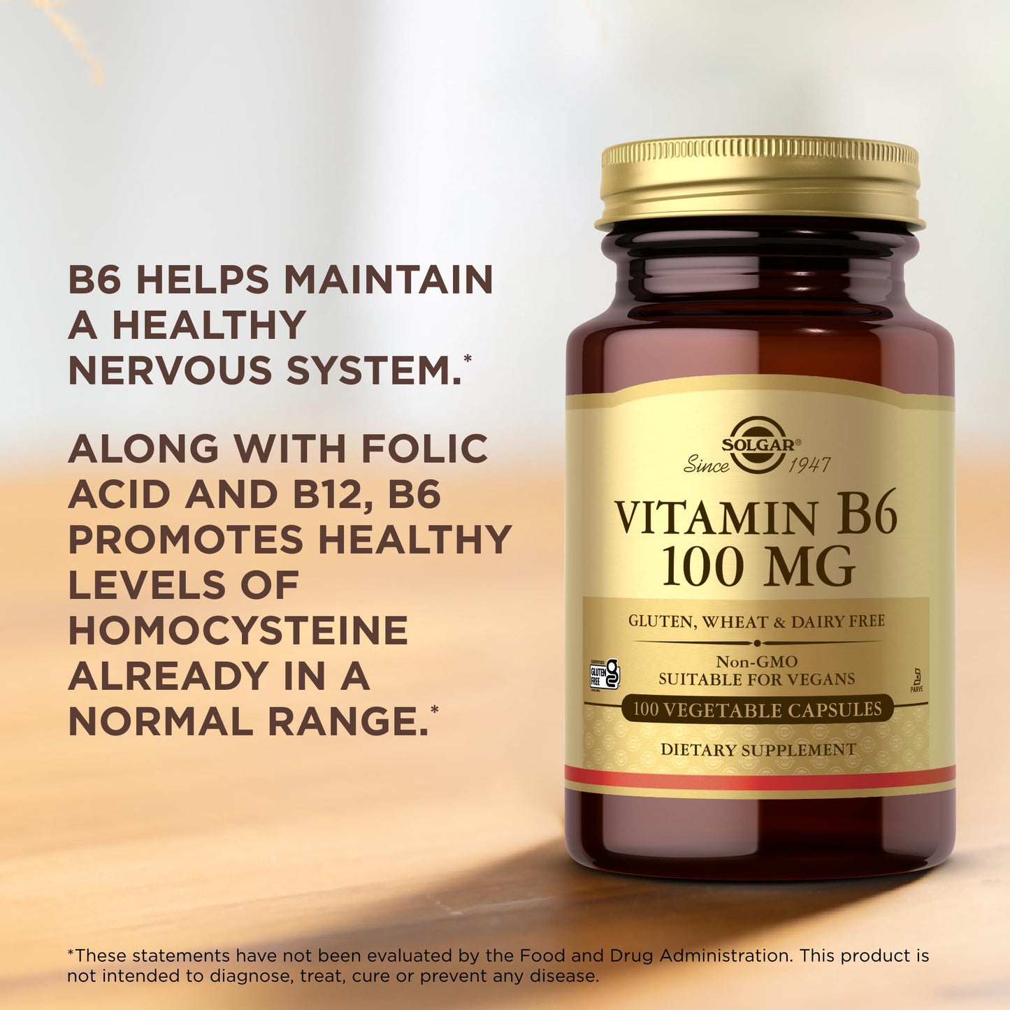 Solgar Vitamin B6 100 Mg Vegetable Capsules, 100 Count