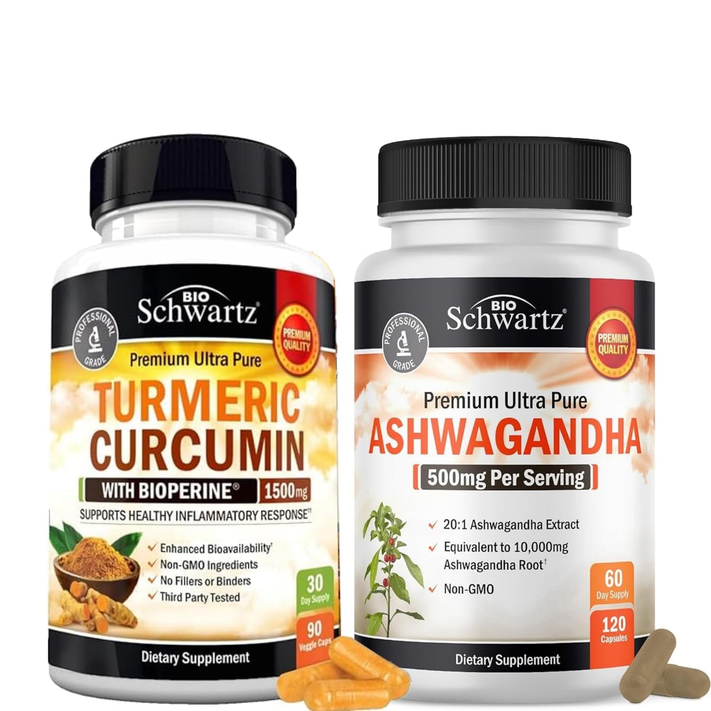 BioSchwartz Extra Strength Ashwagandha Capsules Plus Turmeric Curcumin Complex with Black Pepper Extract 1500mg, 210 Capsules