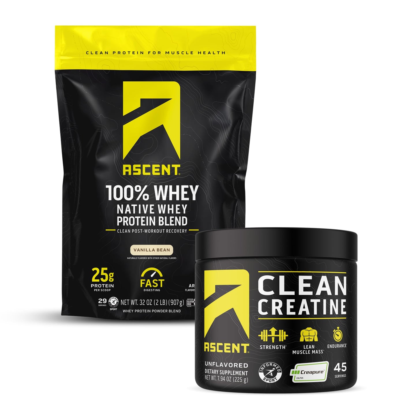 Ascent Whey Protein Powder, Vanilla Bean, 2 lb & Creatine Monohydrate Powder, Unflavored, 45 Servings